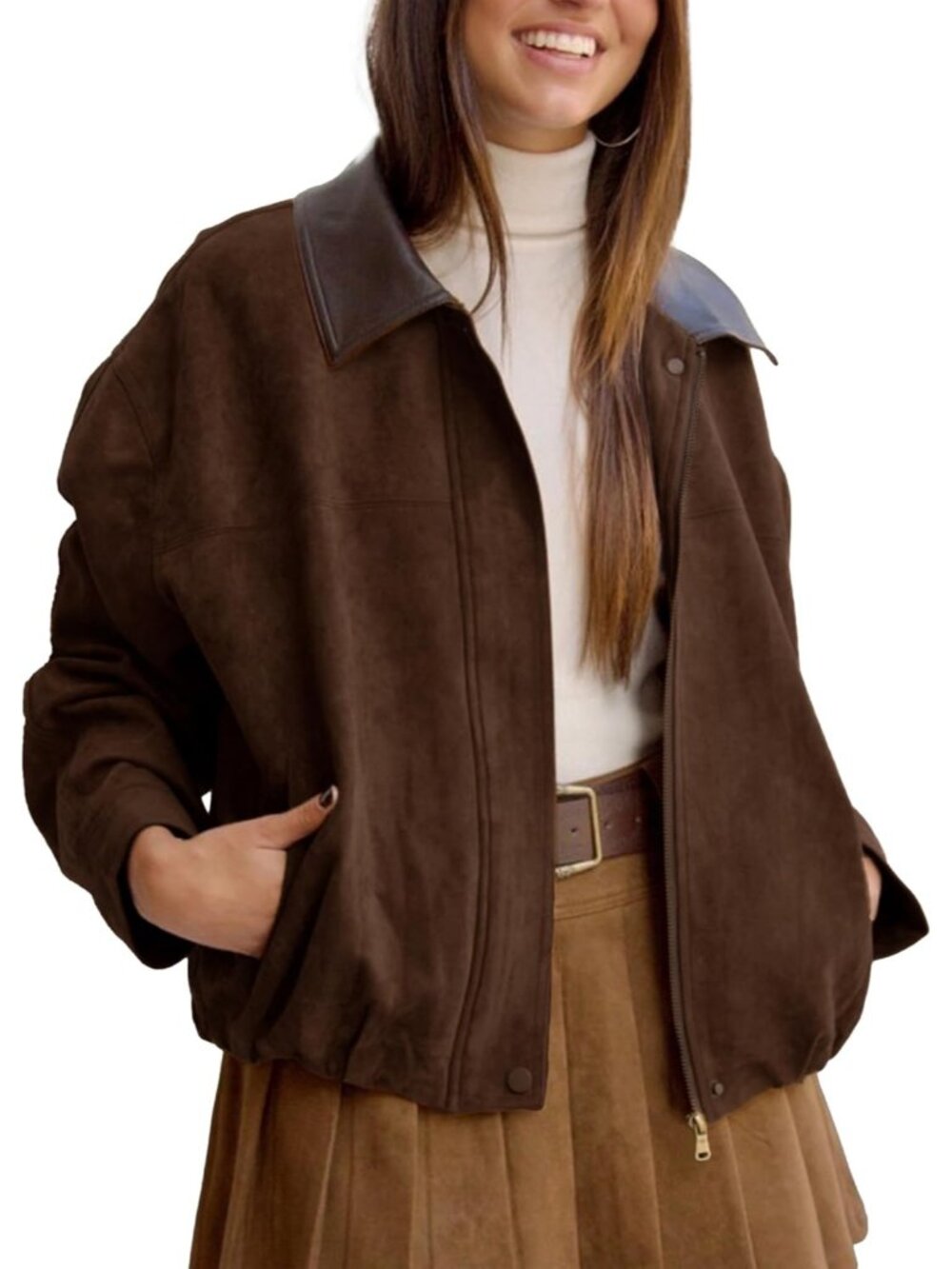Women's Coffee Faux Suede Oversized Cropped Bomber Jacket Motorcycle Coat